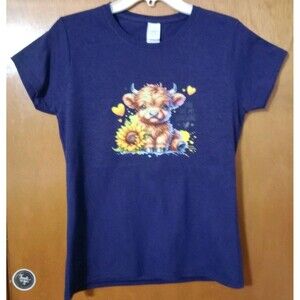 Women's Cute Highland Cow Navy Graphic T-Shirt Sz M "You Are My Sunshine" New